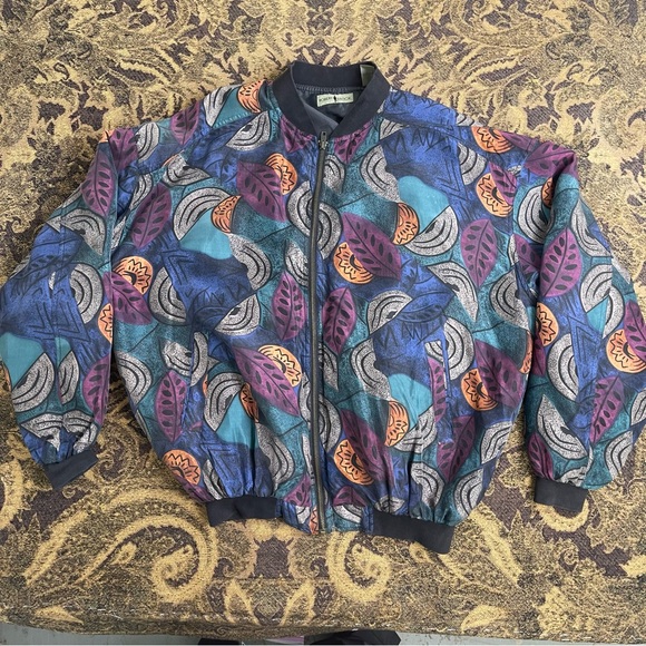 Vtg 90s ROBERT STOCK LEAVES ALL OVER SILK Full Zip Jacket Mens Size L Artistic - Picture 1 of 8